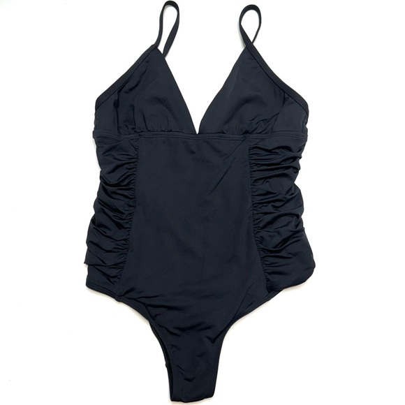 L*SPACE Black Bella Ruched Slimming Convertible One Piece Cheeky Swimsuit Size 8 - Picture 2 of 11